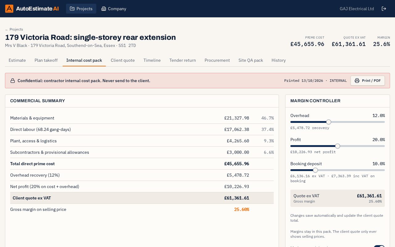 AutoEstimate AI internal cost pack screen