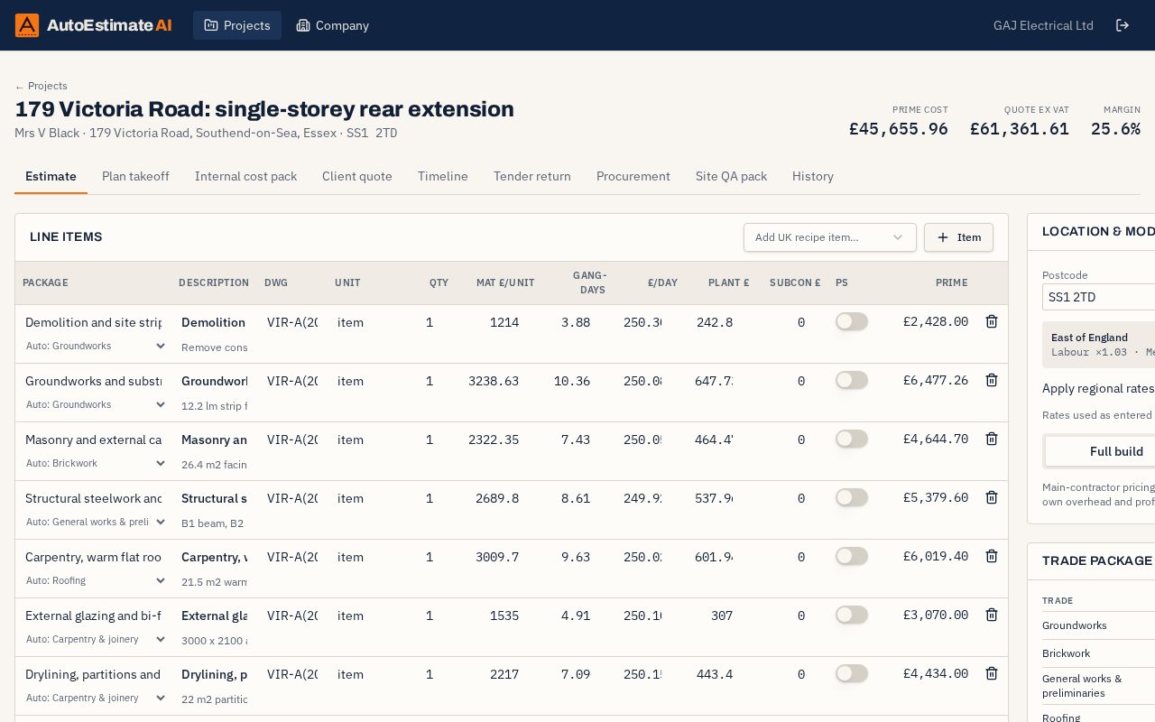 AutoEstimate AI itemised estimate screen