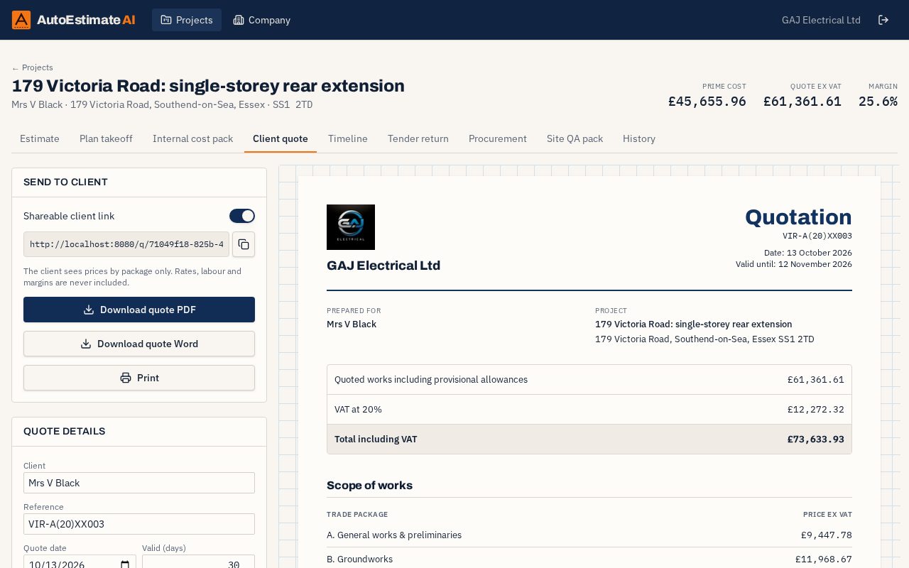 AutoEstimate AI client-ready quote screen