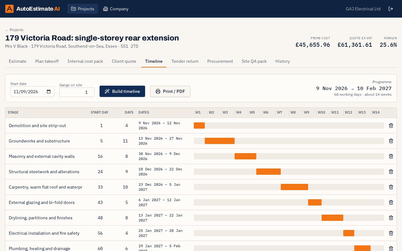 AutoEstimate AI build timeline screen